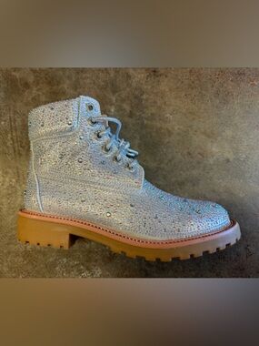 Crystal Embellished Women's Lace-Up lug Boot in Silver NEW